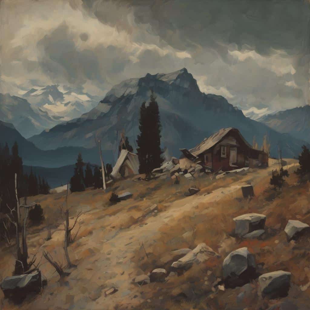 Μοντέρνα ζωγραφική τοπίου με ερειπωμένα σπίτια και επιβλητικά βουνά, εκφράζοντας την παρουσία του ανθρώπου μέσα σε έργα φύσης, σε ρομαντικό και δυναμικό τοπίο.