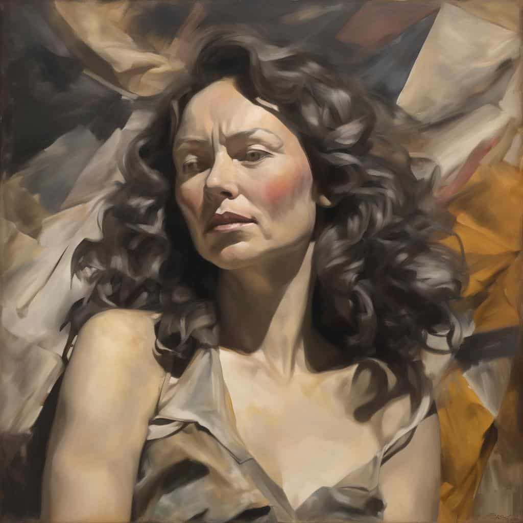 Ανθρώπινη παρουσία σε έργα ζωγραφικής, πορτρέτο γυναίκας με σκούρα κυματιστά μαλλιά, με έμφαση στην έκφραση και την ανθρώπινη ένταση, εκφράζοντας το συναίσθημα, εντυπωσιακά χρώματα και τεχνική ζωγραφικής.