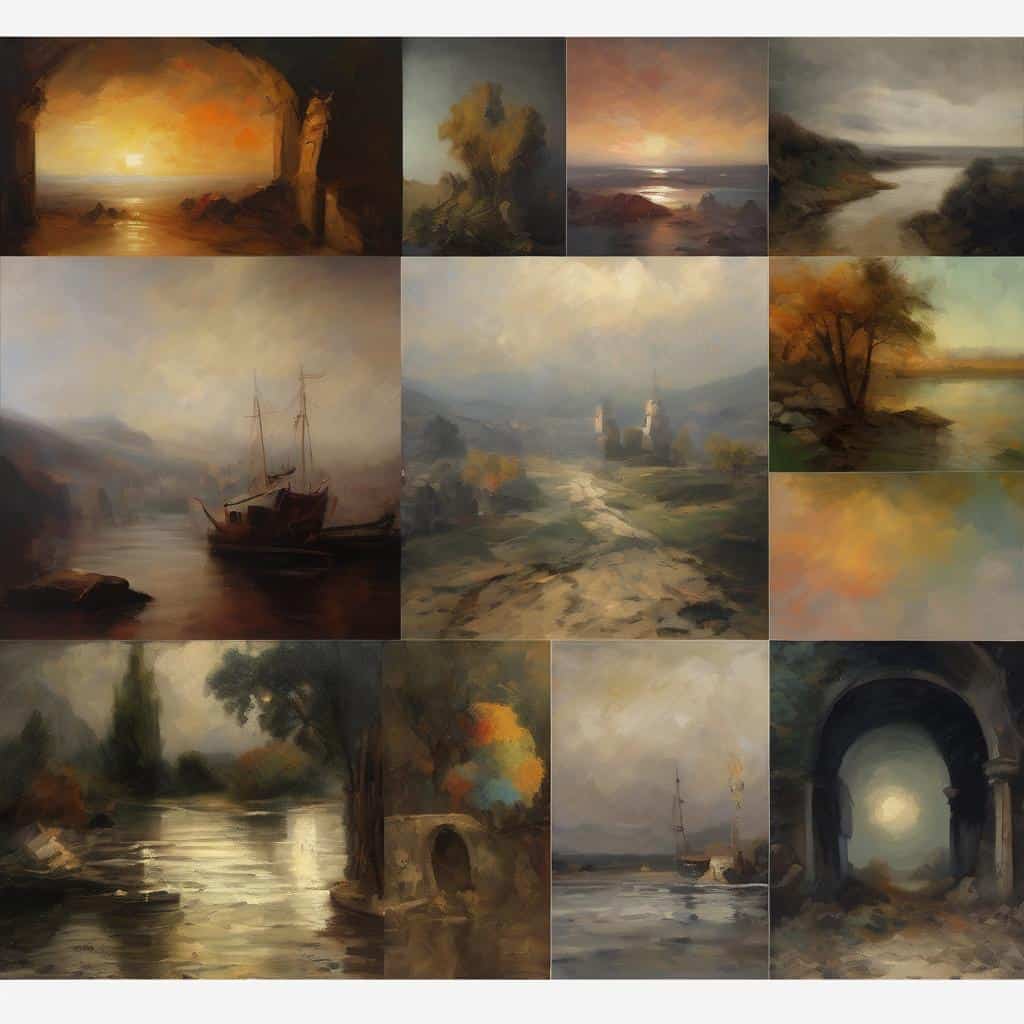 Ζωντανά τοπία και έργα τέχνης με ανθρώπινη παρουσία, αποκαλύπτοντας την επίδραση του ανθρώπου στη φύση και την τέχνη, σε ζωγραφιές που αναδεικνύουν την ανθρώπινη παρουσία μέσα από το τοπίο και την καλλιτεχνική έκφραση.