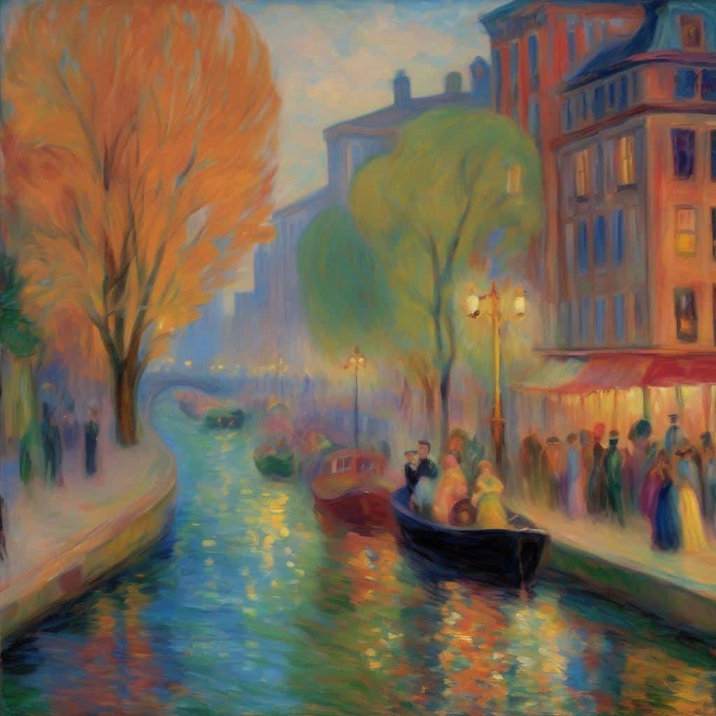 Η ανθρώπινη παρουσία σε έργα τέχνης και τοπία με καμβά, αποτυπώνοντας την αίσθηση και την ομορφιά της πόλης και των ανθρώπων κοντά σε κανάλια.