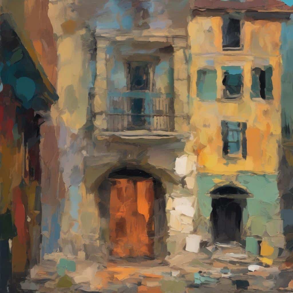 Παρουσία ανθρώπου σε έργο τέχνης που απεικονίζει παλιά κτήρια και μπαλκόνια σε μια καθηλωτική και δημιουργική θεματική της ανθρώπινης παρουσίας σε αρχιτεκτονικό περιβάλλον.