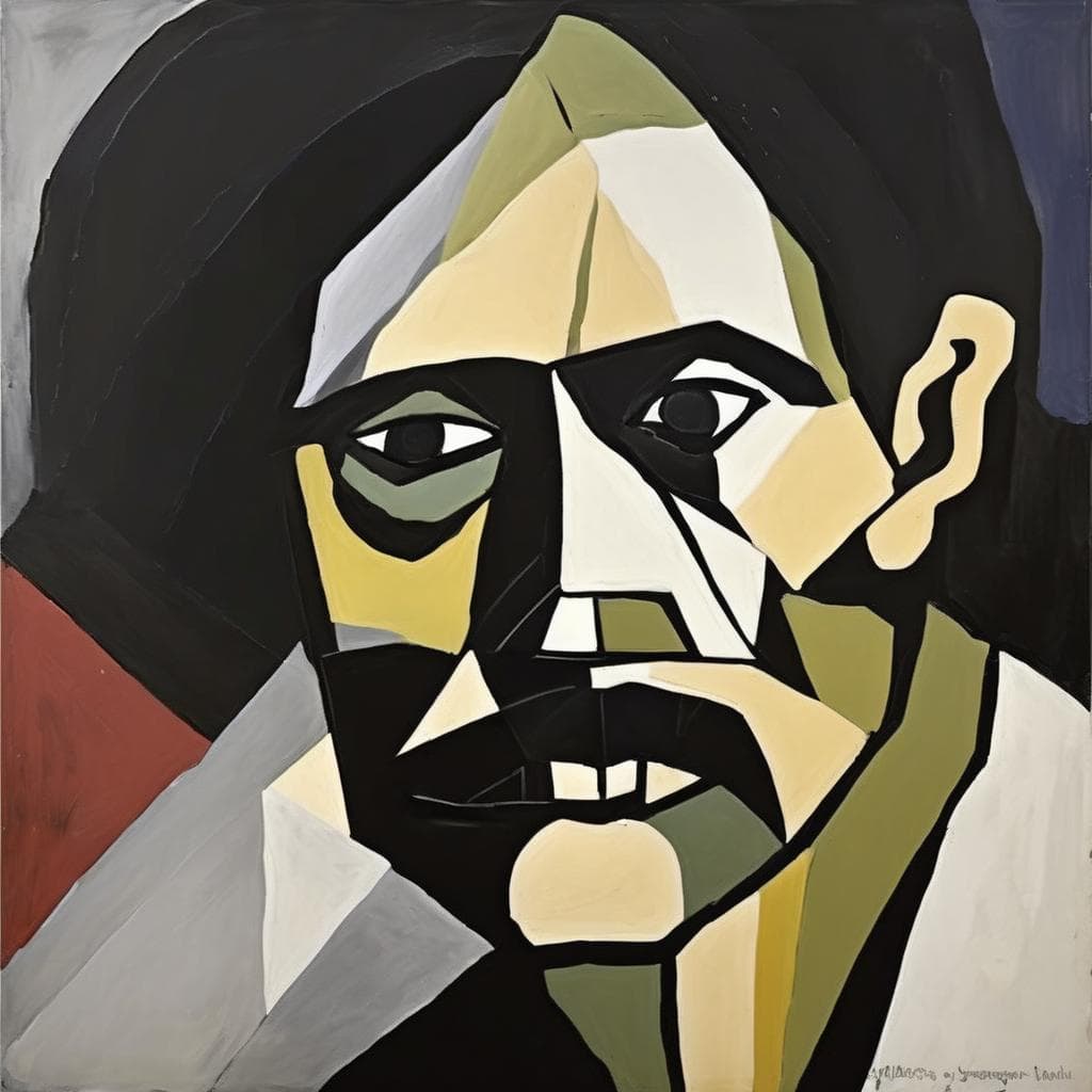 Άνθρωπος σε αφηρημένο πορτρέτο με έντονες γραμμές και γωνίες, εκφράζοντας το ανθρώπινο στοιχείο μέσα σε έργα τέχνης, επικεντρωμένο στην ανθρώπινη παρουσία και έκφραση.